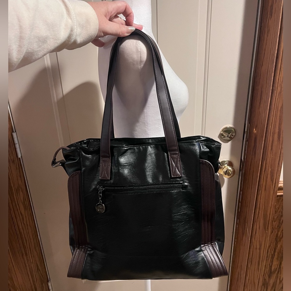 NEW Yaldomt Black/Brown Leather Bag Multi Pocket Zipper Closure - Picture 2 of 8